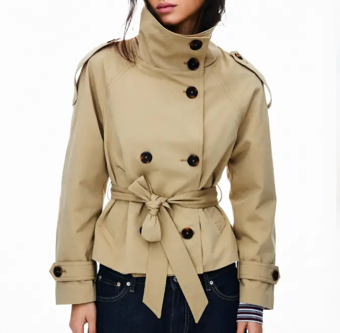 SeeLuNa Women's High-Neck Long-Sleeve Double-Breasted Belted Short Trench Coat, Chic Look Casual Fall-Winter Outerwear for Ladies with Included Belt Womenswear Jackets Style Tops