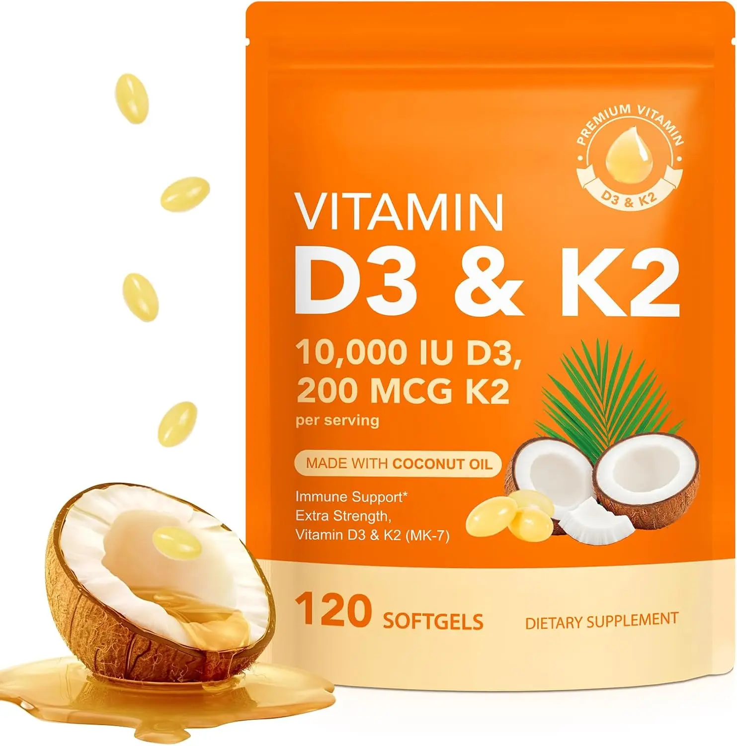 Liefiet Vitamin D3 K2 10000 IU with 200mg, Vitamin D3 and K2 Capsules, 2 in 1 Vitamins D & K Complex with Virgin Coconut Oil, 120 Softgels, Easy to Swallow & Non-GMO