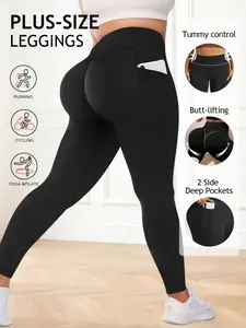 Women's Plus Size High Waist Tight Pants, High Waist Stretchy, Elastic Design, Crescent Pocket Sides, Suitable for Outdoor Activities, Cycling, Hiking, Casual Wear, Side Pocket Leggings