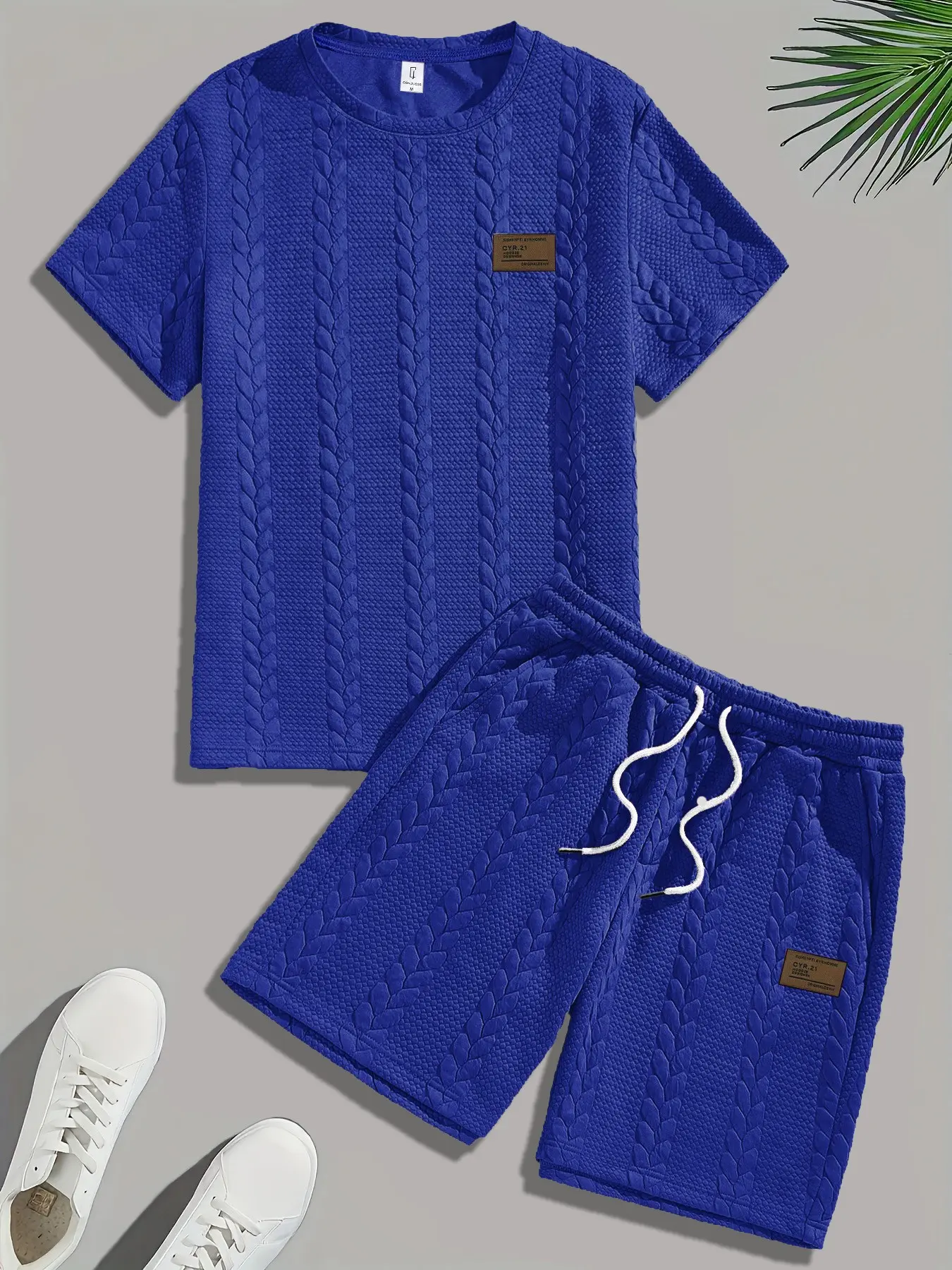 Men's Royal Blue Braided Texture Home Loungewear, Nightwear, Pajama 2-Piece Set - Crew Neck Short-Sleeve T-Shirt + Drawstring Waist Shorts, Ultra-Soft Breathable Fabric, Relaxed Fit, Ideal for Casual, Lazy Weekend Lounging, At-Home Light Work