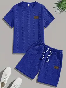 Men's Royal Blue Braided Texture Home Loungewear 2-Piece Set - Crew Neck Short-Sleeve T-Shirt + Drawstring Waist Shorts, Ultra-Soft Breathable Fabric, Relaxed Slouchy Fit, Ideal for Lazy Weekend Lounging, At-Home Light Work, Evening TV Marathons & Casual