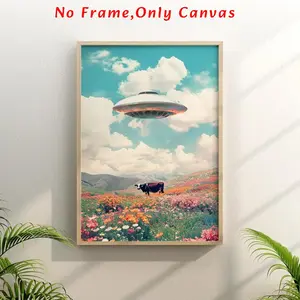 Ufo & Cow Pattern Unframed Artistic Painting, Unique Artwork, 1 Count Vintage Wall Art, Cool Wall Art, Vintage Design, Art Wall Decoration, Wall Decor for Home Living Room Bedroom, Home Decor, Ornaments