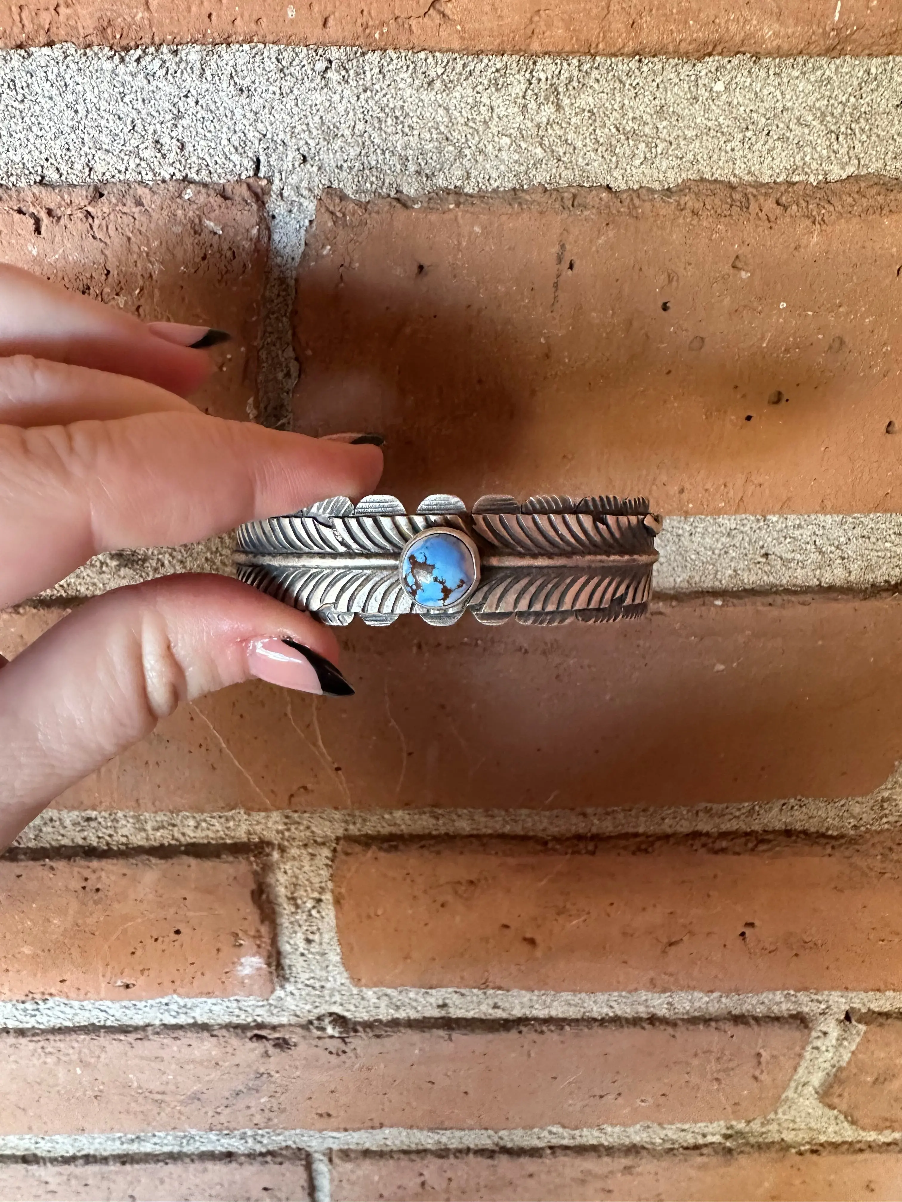 Handcrafted Golden Hills Turquoise & Sterling Silver Feather Cuff Bracelet