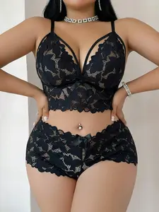 【Plus Size】AgeRose Women's Soft Floral Lace Lingerie Set, Elegant Adjustable Strap Bra & Panty Set, Two Pieces Babydoll Lingerie Set, Perfect Valentine's Day Gift Black Womenswear