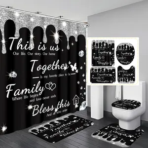 Silver Color Sparkle Heart Pattern Polyester Insulated Shower Curtain Set, Includes 12 Hooks, Bath Mat, U-Shaped Pad, Round Toilet Cover Pad