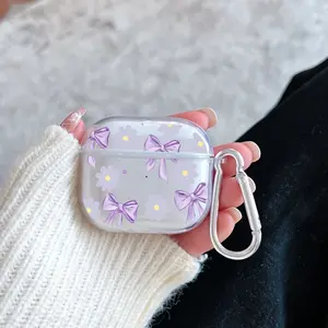 Lavender Bow - Blooms Pattern TPU Soft Protective Case for Apple AirPods 4/3/2/1/Pro/Pro2 Transparent Earphone Cover with Keychain Attachment