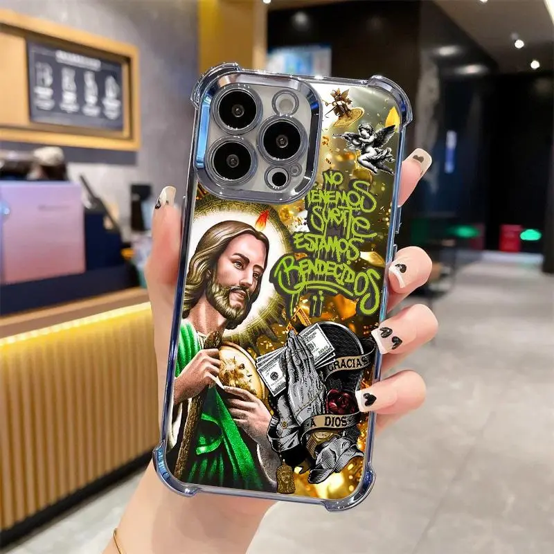 St. Jude Pattern Shockproof Phone Case For iPhone 17/16/15/14/13 Pro Max Plus Electroplating luxury transparent four corner anti drop and shockproof phone case 299