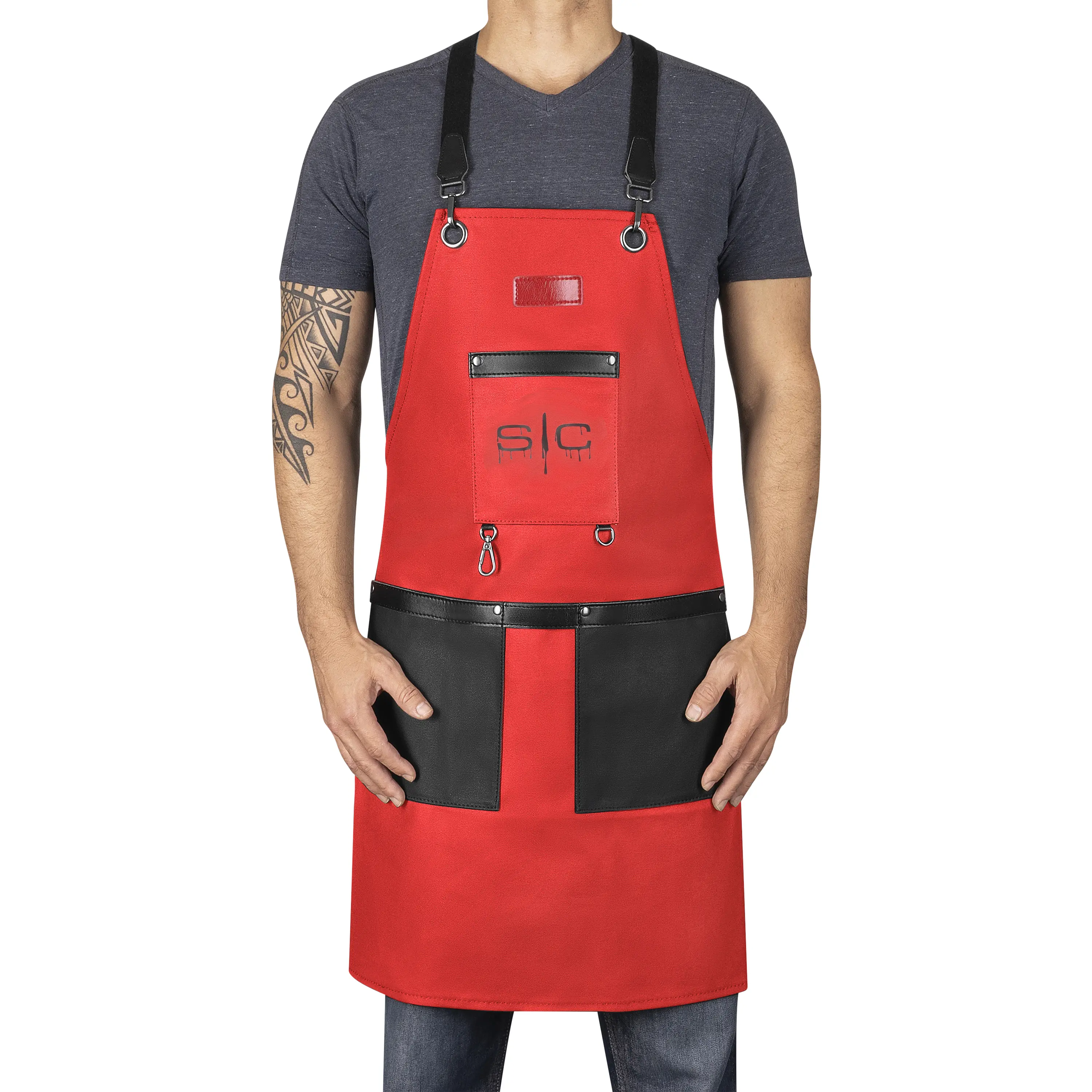 Waterproof Barber/Salon Apron with Crossback Strap in Red/Black Design