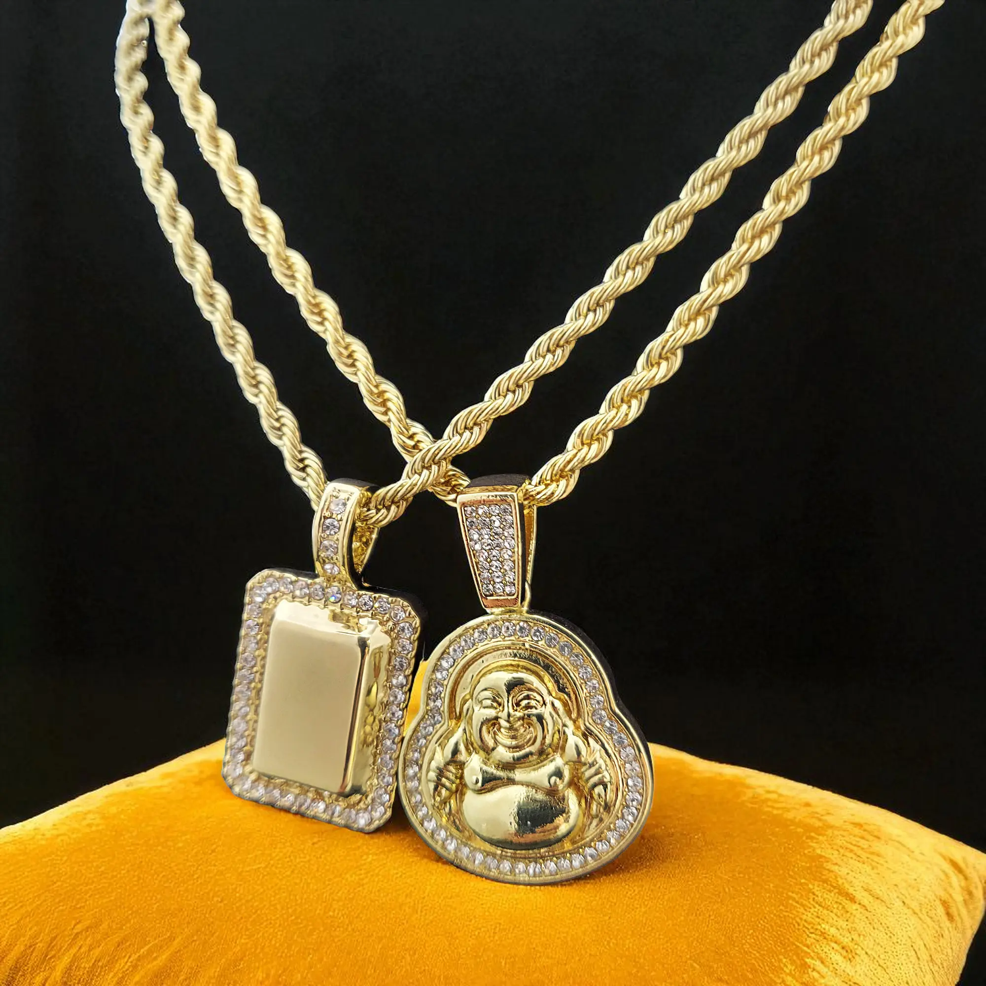 MaxBling81 Gold-Plated Iced Happy Buddha & CZ Bar Pendant Necklace, 24" Rope Chain, CZ Accents, Gold Statement Chain, Unisex Daily Wear Fashion Costume Jewelry for Women, Chain For Women