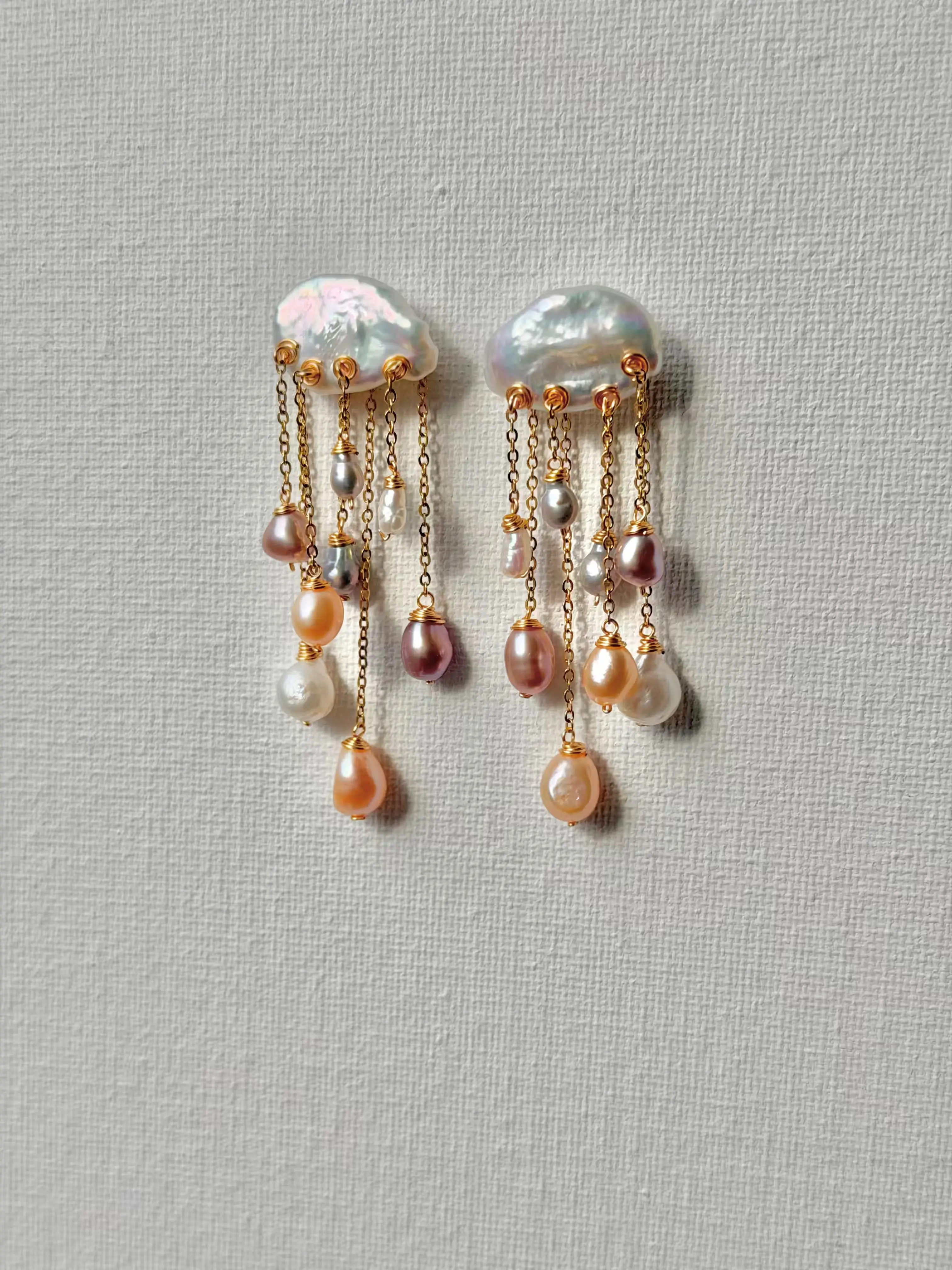Rainstorm Hand-Drilled Pearl Cloud Earrings | Hand-woven Raindrop Jewelry