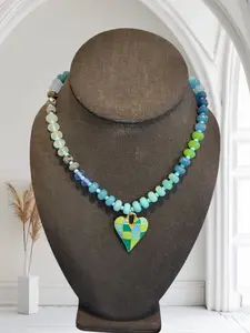 Blue Energy Choker with Heart Pendant & Multicolor Beads Stylish Accessory in Blue Energy Material 18"Length for Casual Outfits
