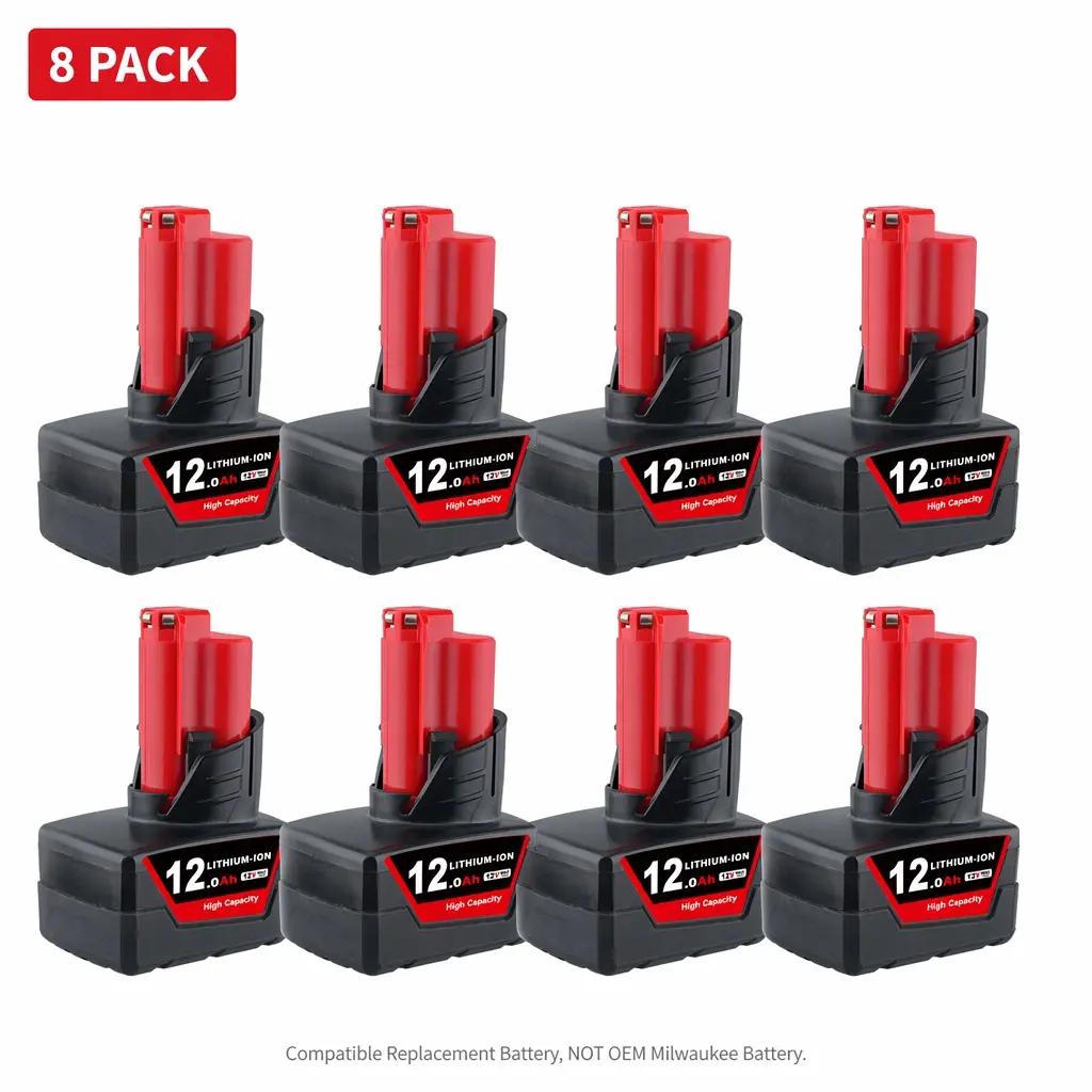 8-Pack 12V MAX Lithium Ion Batteries (12.0Ah) - Replacement for Milwaukee M12 M12B6, Compatible with M12 Series 48-11-2440 Cordless Drill Impact Driver, Long Runtime for Drill Work