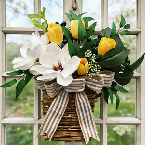 Spring Artificial Flowers, Faux Magnolia & Tulip, Farmhouse Front Door Hanging Decor, Entryway Door Wreath, Indoor & Outdoor Wall Decoration