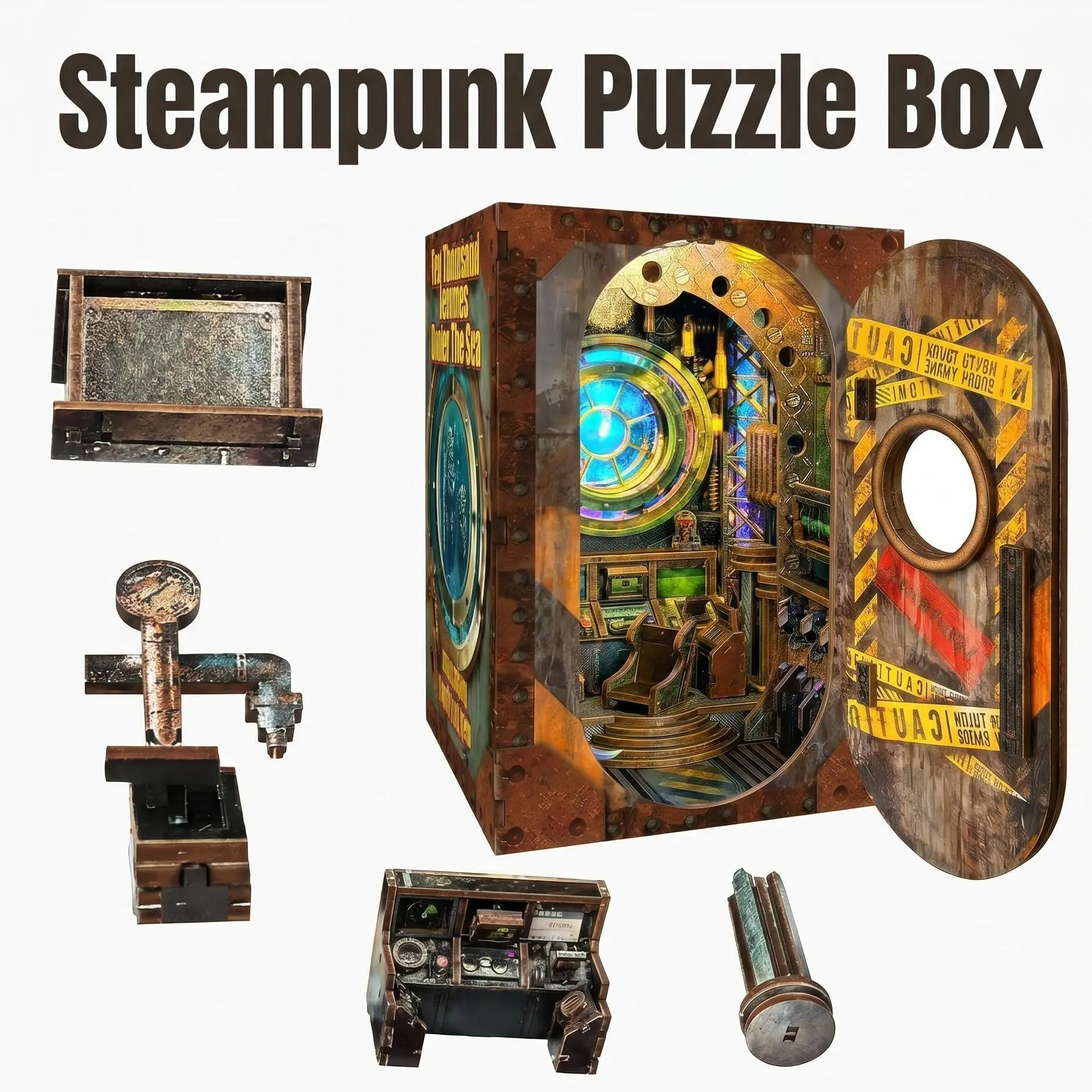 Retro Industrial Steampunk Mysterious Underwater Vessel DIY Kit, Handcrafted Wooden Interlocking 3D Model Building Kit, Illuminated Miniature Diorama Base Book Nook Insert, Vintage Bookshelf Decoration, Gift for Craft Enthusiasts, Wood Design