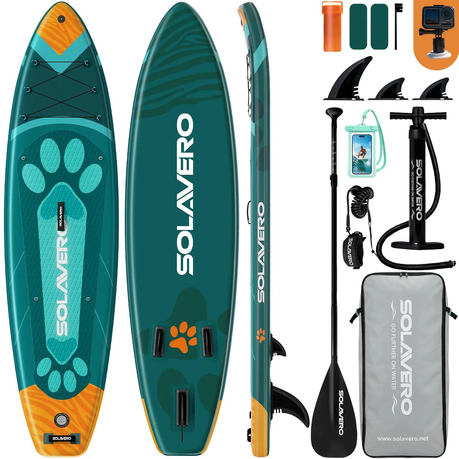 Ecofurnix Unisex Inflatable Paddleboard for Adults (10'6", 33-in Military PVC), All Skill Levels All-Round Board, Max 450lbs Load, Anti-Slip EVA Deck, 3 Removable Fins, Waterproof Pouch, Repair Kit, Carry Bag, Puppy Paw Design for Rivers, Lakes