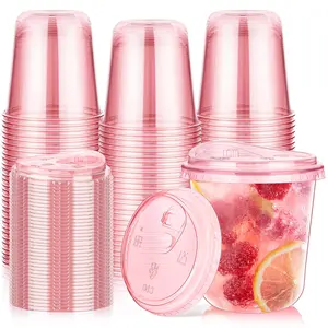 50 Pack 12/16 oz Pink Plastic Party Cups with Sip Lids, Disposable Iced Coffee Cup with Lid, Round Bottom Stemless Glasses Drinking Cups for Valentine's Galentine's Bachelorette Party Holiday
