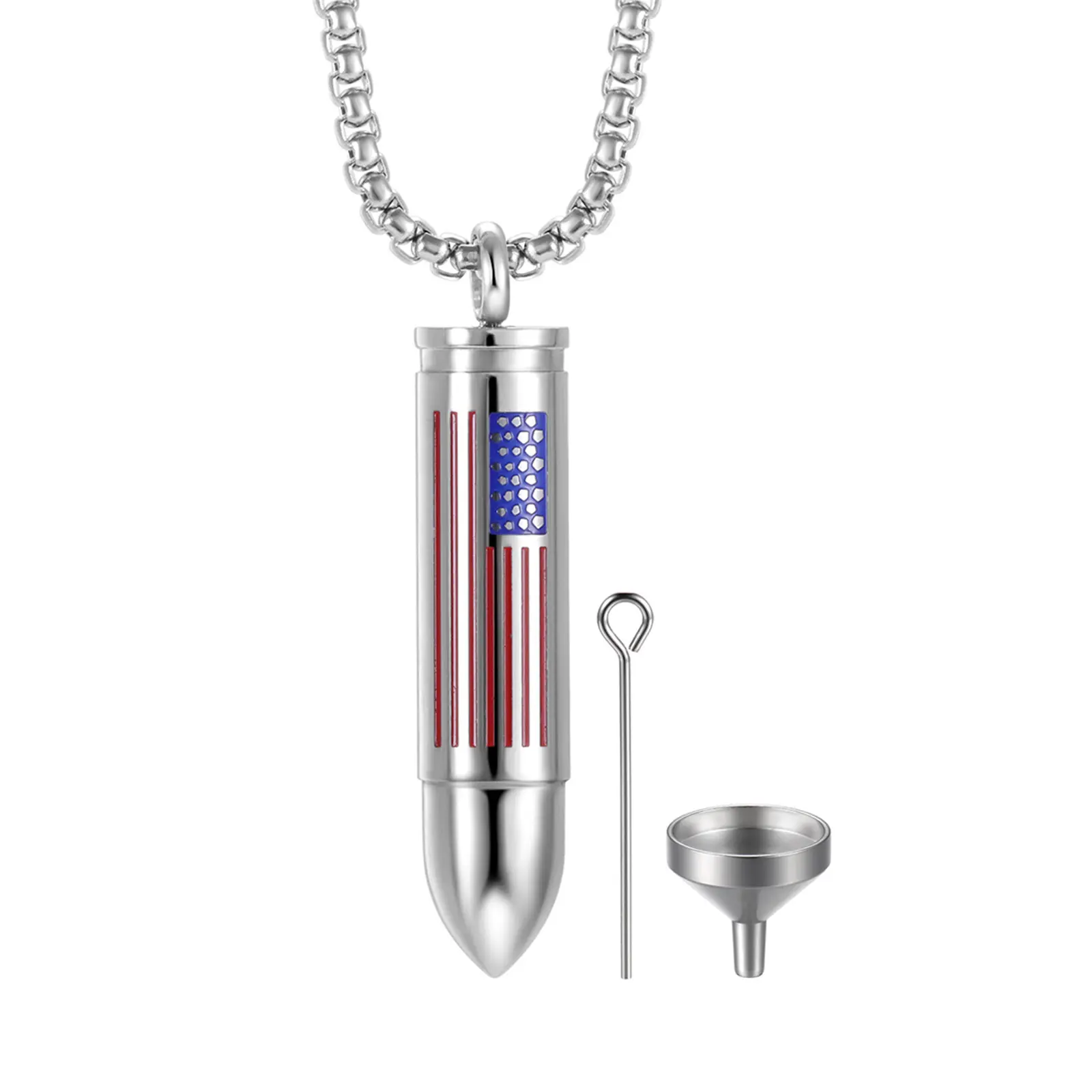 Stainless Steel Cremation Necklace, American Flag Bullet Pendant for Ashes, Unisex Memorial Keepsake Urn Jewelry for Men & Women, Stainless Steel Jewelry, 60Cm, Flag Motif, Anti-Slip