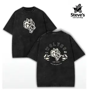 washed cotton,Darc Sport Wolves Vintage Washed Oversized Tee Heavyweight Cotton Gym Apparel California Bodybuilding Club Shirt Workout Fitness Weightlifting Athletic Street Style Casual Daily Wear Comfortable Loose Fit Graphic Top For Active Men