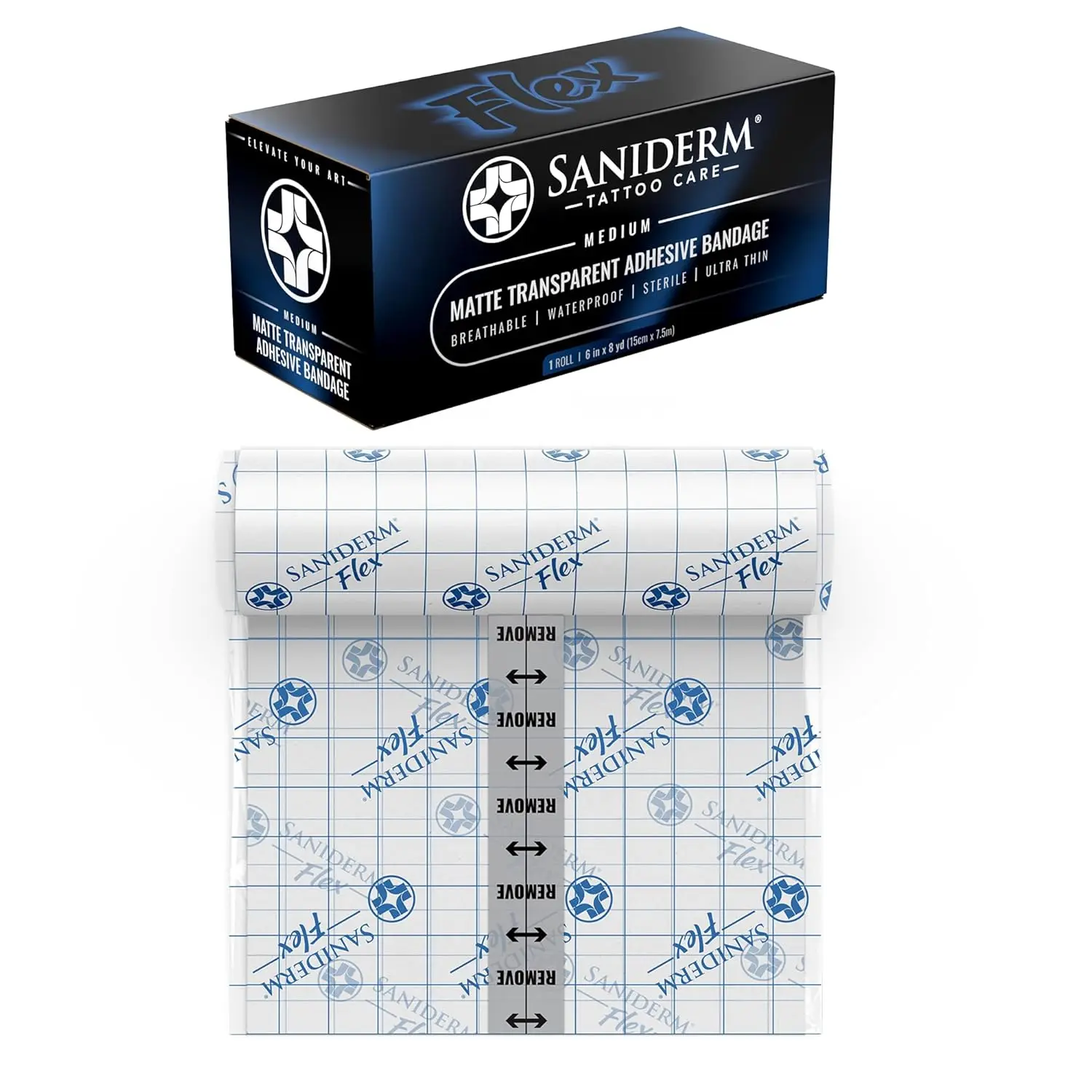 Saniderm Flex Tattoo Aftercare Bandage (New) (Medium Roll, 6 in x 8 yd) – Convenient, Faster Tattoo Healing and Protection – Sterile, Waterproof, Flexible, Aftercare Wrap – Matte Finish