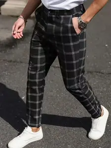 Men's Pocket Button Casual Suit Trousers Black and White Striped Plaid Design Essential for Commuting Business Travel Outdoor Parties Comfortable Gift for Husbands