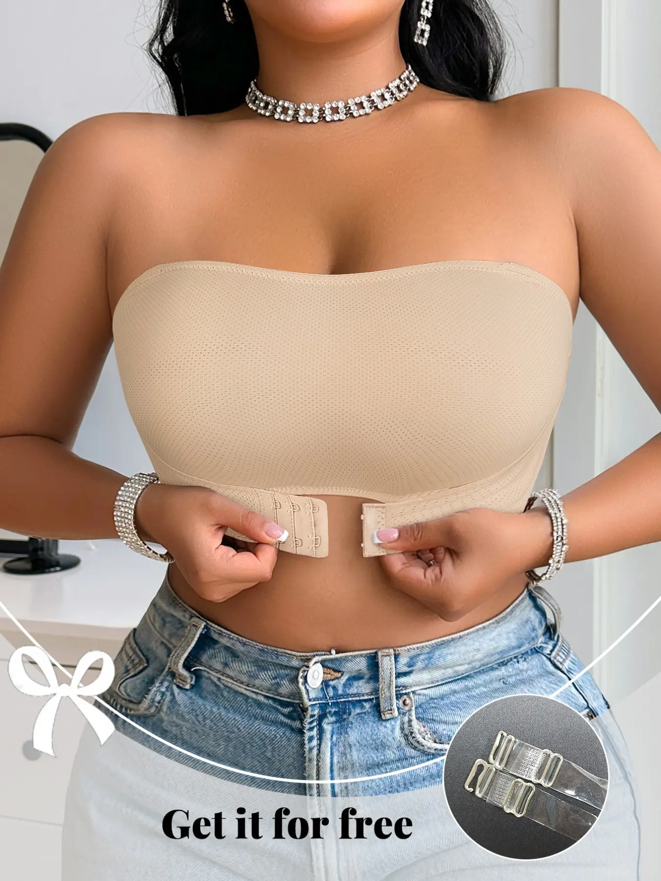 Women's plus size strapless bandeau vest bra, side pull & front closure, wire-free, seamless thin padding, Smooth breathable mesh, wide side for underarm coverage, sizes XL-4XL, all-season daily & special occasion wear, includes free transparent straps