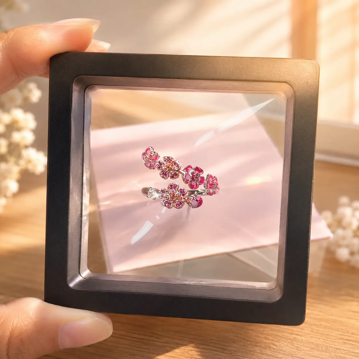 Women's Dainty Rose Gold Peach Blossom Ring - Pink Enamel, Synthetic Zircon, Adjustable Open Tension Band, Cute Fashion Sparkle Jewelry, Meaningful Anniversary Gift, Cute Rings, Synthetic Zircon Rings