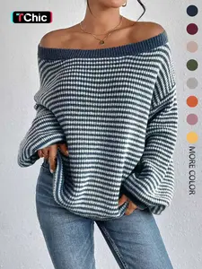 Women's Striped Drop-Shoulder Sweater, Casual Bishop Sleeve Boat Neck Jumper for Daily Outdoor Wear, Ladies Knitwear for All Seasons, Womenswear, Tops