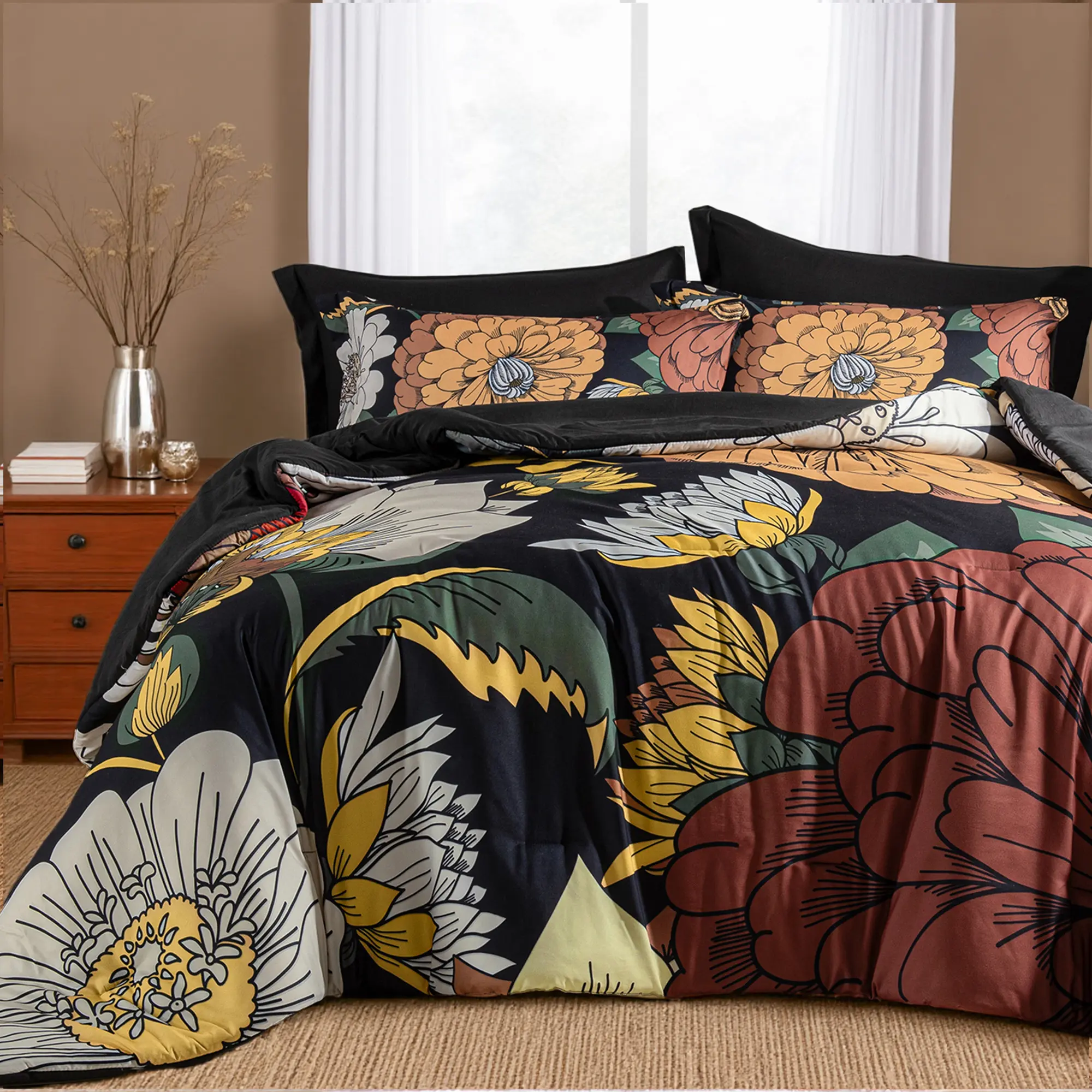 【Fall Deals】Tyrot King Size Boho Floral Bed Comforter Set - 3-Piece Botanical Breathable Cloud Bedding, Soft & Cozy Lightweight All-Season Farmhouse Bedroom Decor (Bedding Sets Collections Included)