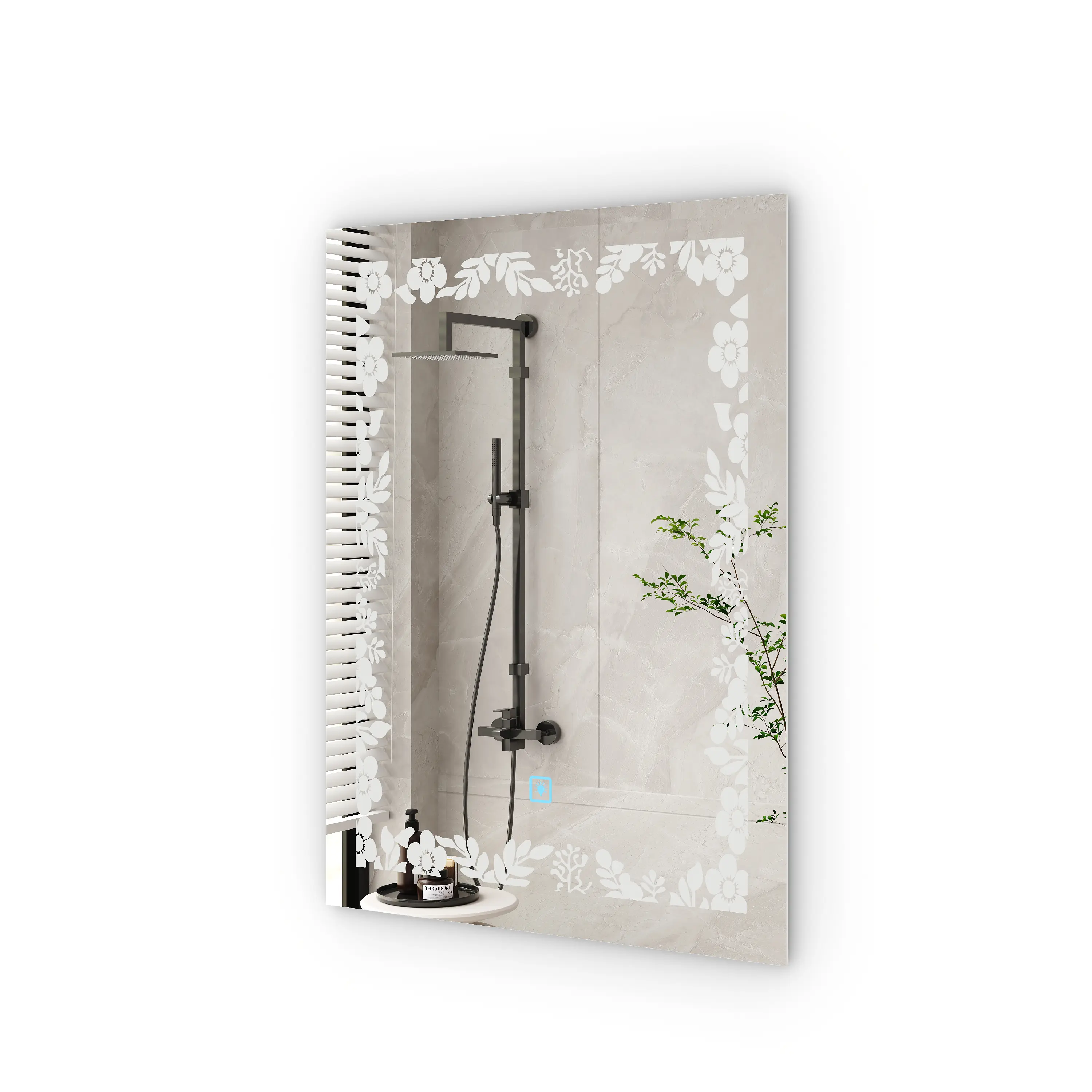 Square Frameless LED Bathroom Mirror 35''×27'' with Etched Pattern Front & Back Light 3-Color Dimmer Plug-In Crystal 5 mm Tempered Glass Touch Control Function