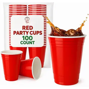 Red Disposable Plastic Cups [100 Pack 16 oz.] Party & Fun Pong Cups - Durable Cups for Water, , Booze, Smoothie,  - Large Cold Drink Cups