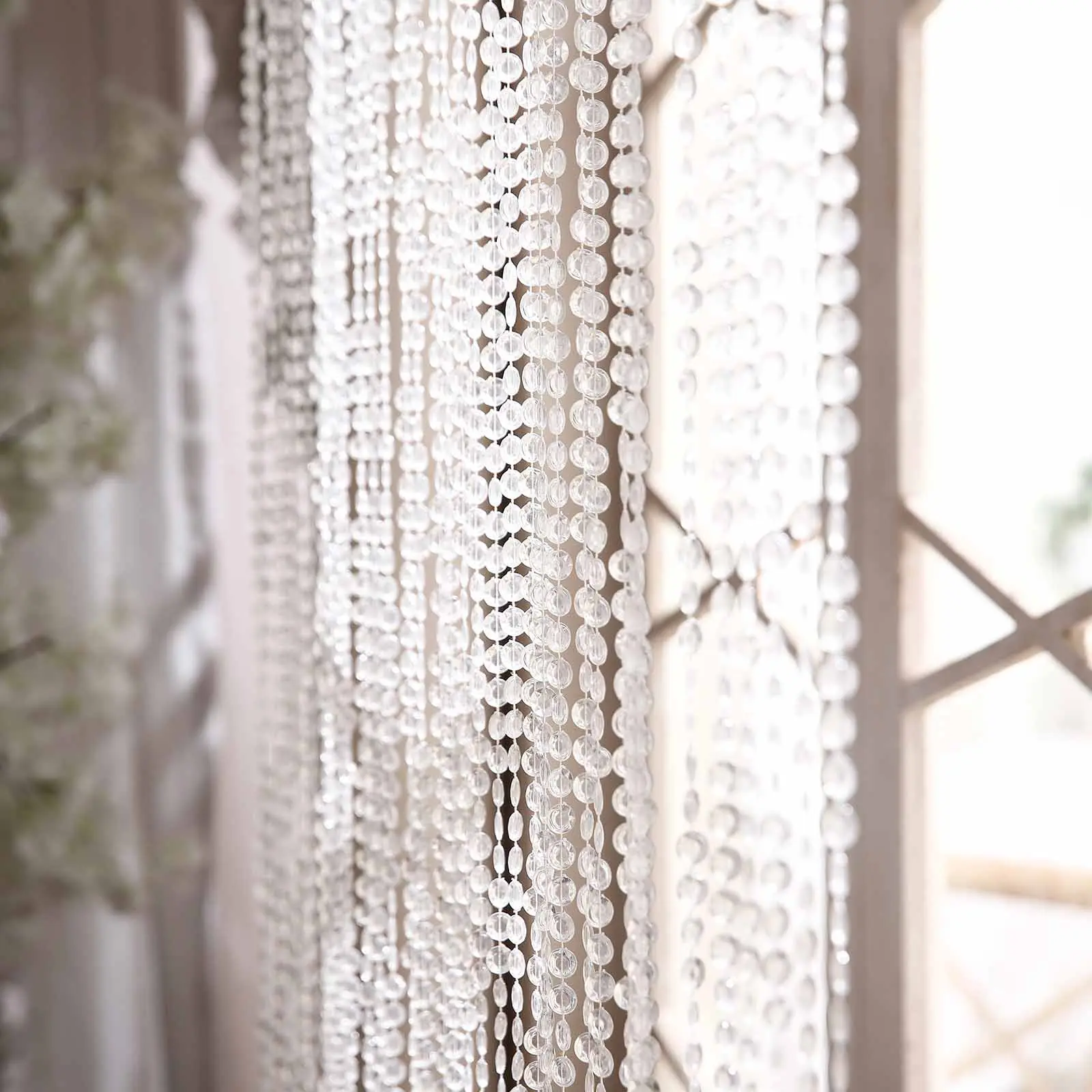 Diamond Look Acrylic Beaded Home Decorative Curtain with Plastic Rod, Adjustable Hooks, 12ft for Doorway & Window, Event Decor Curtain for Doorway