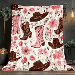 1pc Western Cowboy Boots & Hats Throw Blanket - Soft Flannel Lightweight All-Season Bedspread - Pink & Brown Cowgirl Design with Floral & Western Motifs - Perfect for Sofa, Bed, Camping, Travel - Western Home Decor Gift for Country Living