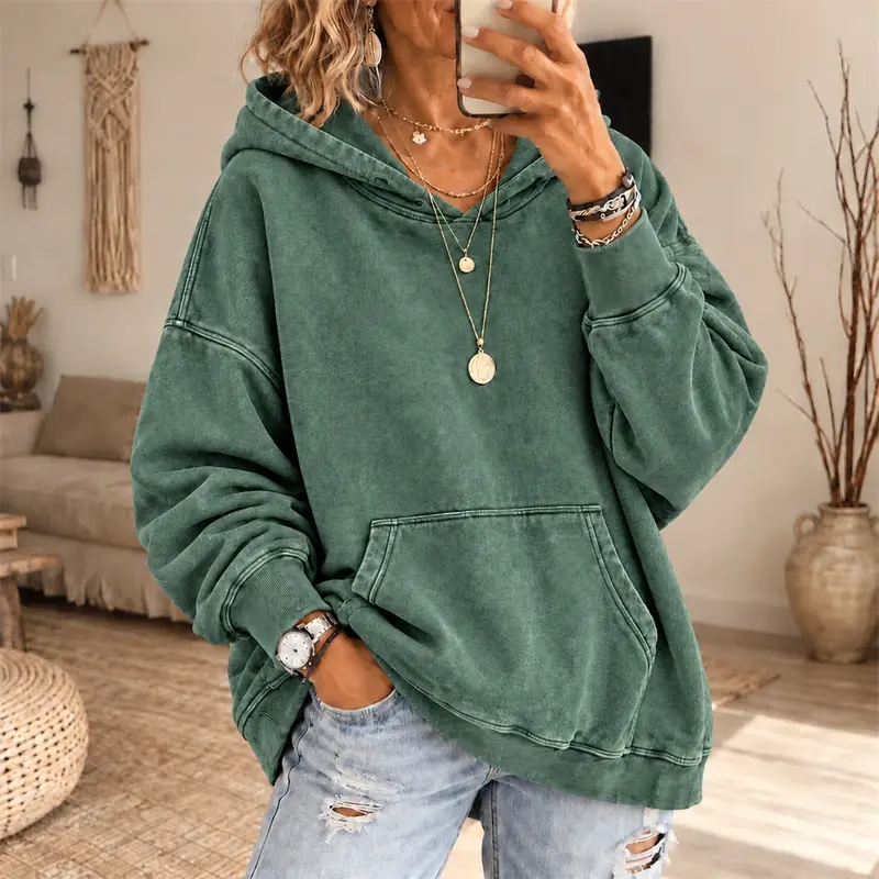 Women’s Vintage Washed Oversized Hoodie, No Drawstring Long Sleeve Pullover Sweatshirt, Relaxed Fit Casual Hooded Top with Kangaroo Pocket for Fall Winter Daily Wear
