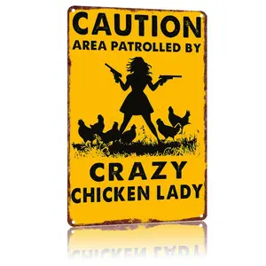 Funny Chicken Gifts Caution Area Patrolled By A Crazy Chicken Lady Tin Sign for Home Farm Chicken Coop Farmhouse Kitchen Garden Decor 8 X 12 Inch
