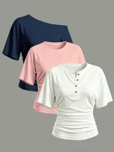 3-Pack Women's T-Shirts, Spring Summer Slim Fit, Round Neck, Shoulder Cut Out, Henley Neck, Casual Daily Wear, Multi-Colors Available A Week of Casual, Effortless Outfits, Top