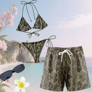 Matching Bottomland Camo Couples Swimwear Set - Moisture-Wick Hawaiian Style, Women’s Tie-Side Thong Bikini & Men’s Beach Shorts, His and Hers Sports & Outdoor Beachwear summervibes