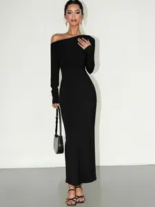 Elegant Women's Long Sleeve Knit Asymmetrical Neckline Bodycon Dress, Slim Fit Side Ruched Split Thigh Design, Perfect for Spring Evening Wear