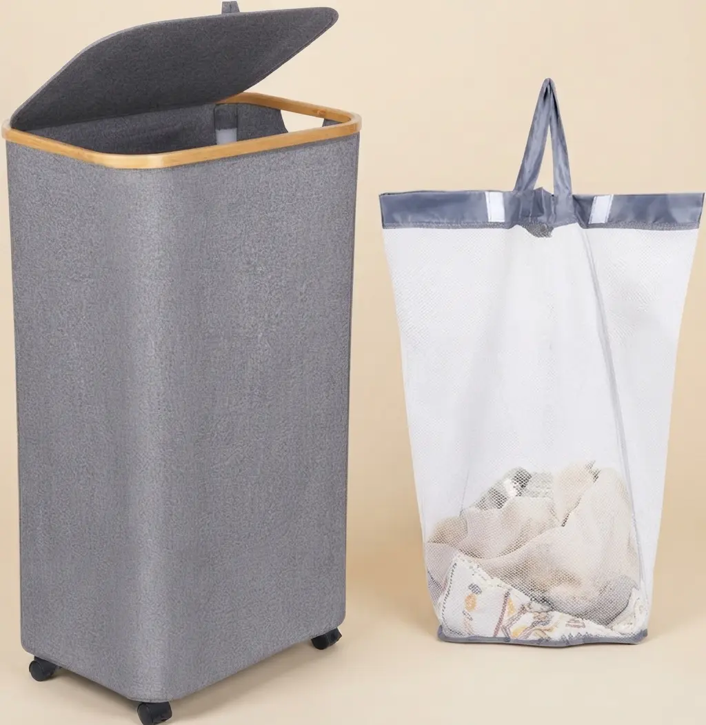 【HUOMAQFAN】100L Rolling Laundry Hamper on Wheels, Tall Clothes Basket with Lid & Bamboo Handle, Foldable Fabric Laundry Bag for Bedroom Bathroom Laundry Room, Black