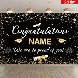 1pc Customizable Name Class of 2026 Congrats Grad Party Banner | Polyester Bachelor Hat Black and Golden Bokeh Pattern Photography Backdrop, Personalized Name Graduation Season Banner for High School College Classroom Home Wall Outdoor Garage Yard