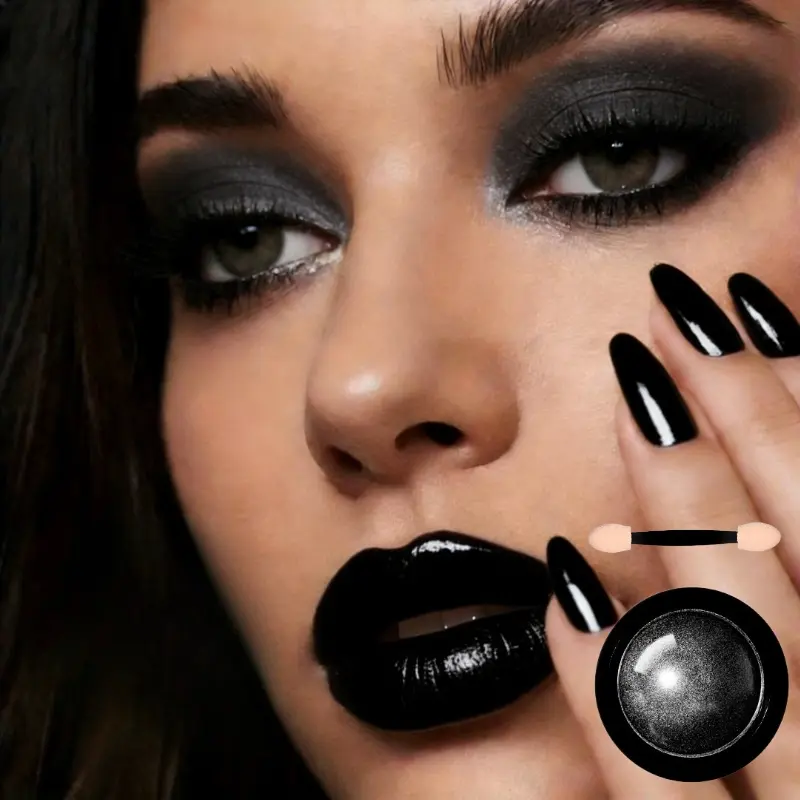 1Pc Black Eyeshadow & Lip Powder - Metallic, Mirrored Finish with Brush Included, Perfect for Nails & Face, Gothic & Futuristic Makeup Look, Lip & Nail Enhancer, Cosmetic, Sparkle Makeup, Cosmetics Makeup, Costume Use for Carnival, Music Festival