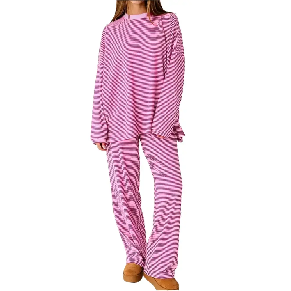 Women's Striped Set, Loose Fit Oversized, Round Neck Long Sleeve Top, Elastic Waist Straight Leg Pants, 2-Piece Cotton Comfortable Lounge Wear Pajamas Nightwear