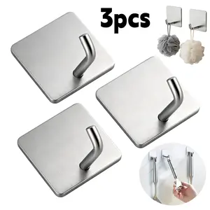 3pcs stainless steel adhesive hooks, multifunctional kitchen wall hooks, polished surface, durable and modern design, for hanging kitchen utensils, hooks