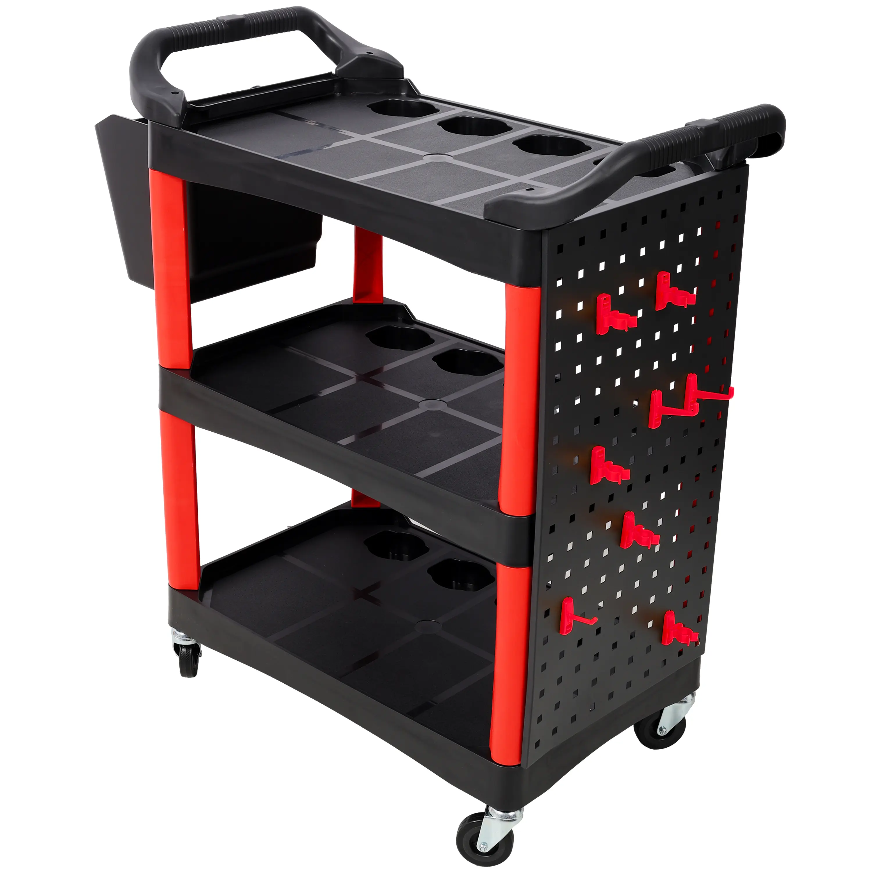 DONEXT 3-Tier Rolling Auto Detail Cart - Durable Red and Black Plastic Tool Organizer, Freestanding Multi-Tier Organizational Utility Cart with Wheels, Bucket Panel, Hooks, Racks for Garage Storage, Hanging