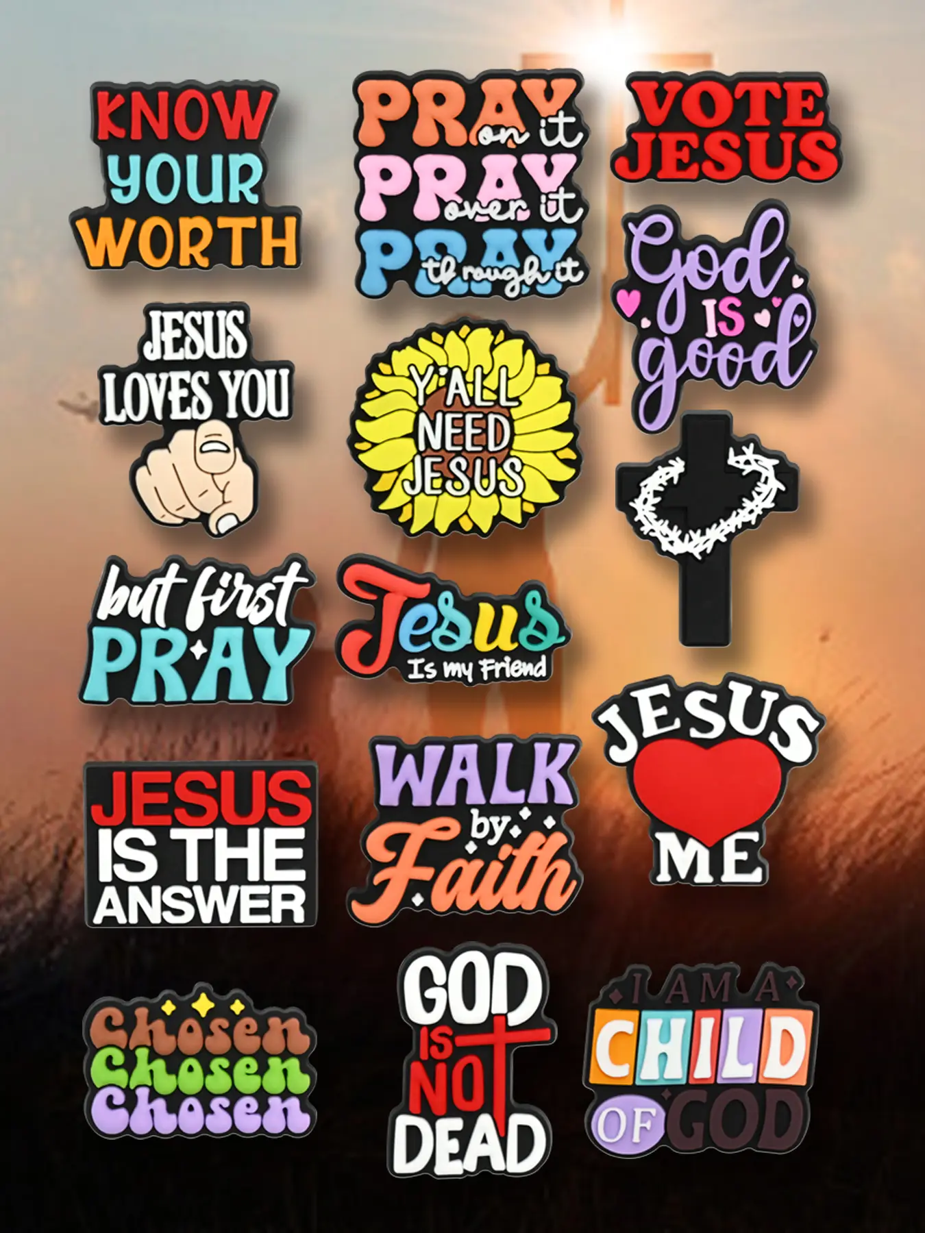 15-Piece Religious Jesus Slogan Shoe Decorations, Shoe Decoration Charms, Shoe Charm Set, Colorful Detachable DIY Accessories, Jewelry for Shoes, Boots, God is not dead, Pray, Walk by Faith, Jesus is my friend, Vote Jesus