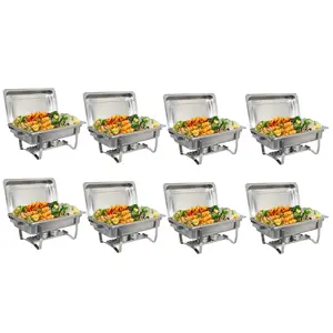 SuperDeal 8 Packs Full Size Chafing Dishes Buffet Stainless Steel Catering Chafer Sets 8 Qt, Silver Plates Serving