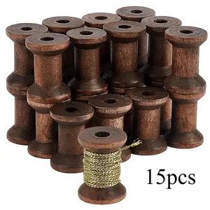 15pcs Wood Bobbins & Spools - 3-Style Empty Thread Holders for Sewing Machines, Hand Embroidery, Crafting & Jewelry Making - Brown Bobbin Winding for Embroidery Machines, Bobbin Fillers (15pcs)