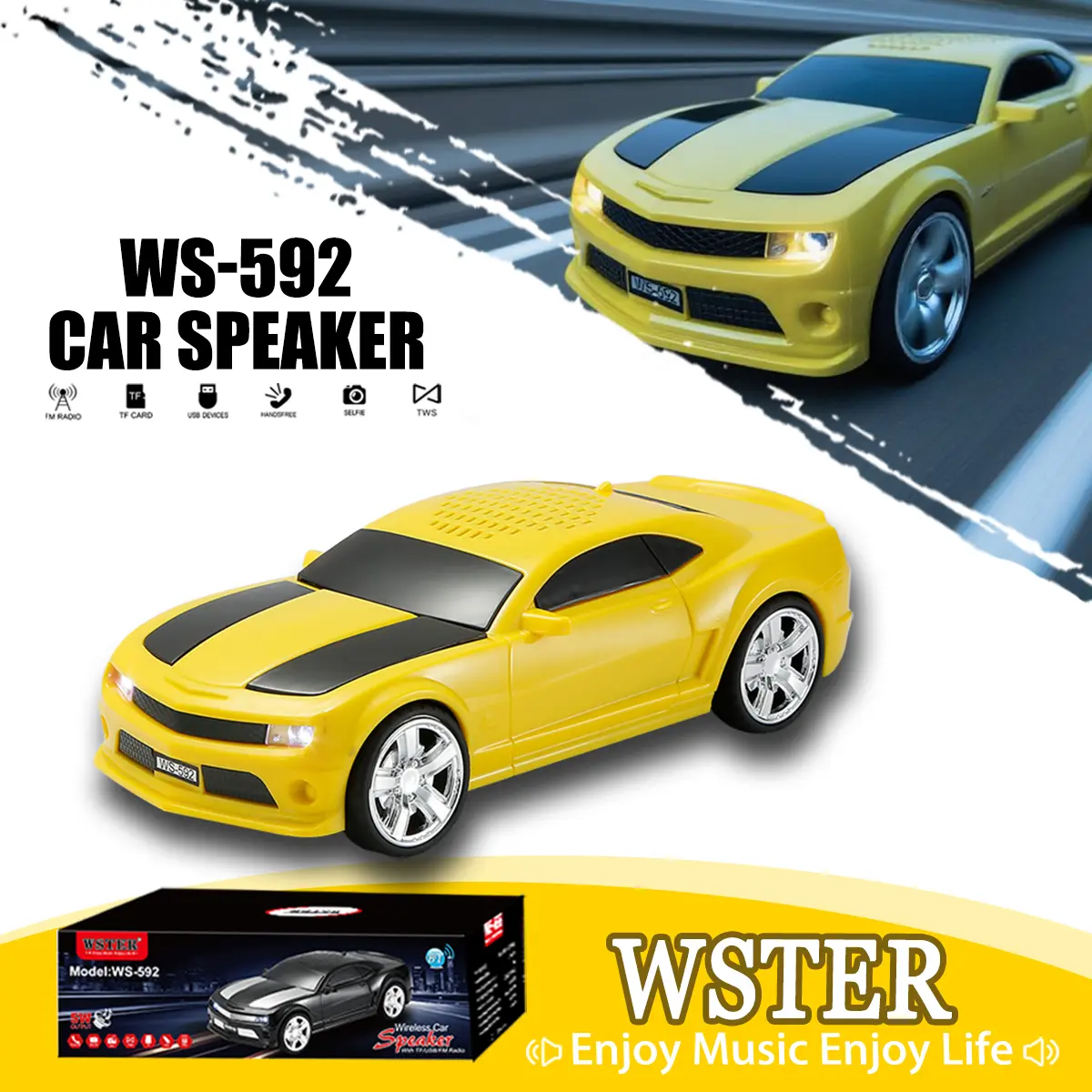 WSTER WS-592 car model machine Bluetooth speaker, supports USB, TF card, AUX and FM stereo, subwoofer, wireless Bluetooth function, LED light, suitable for home, outdoor parties, suitable for gifts and other occasions.