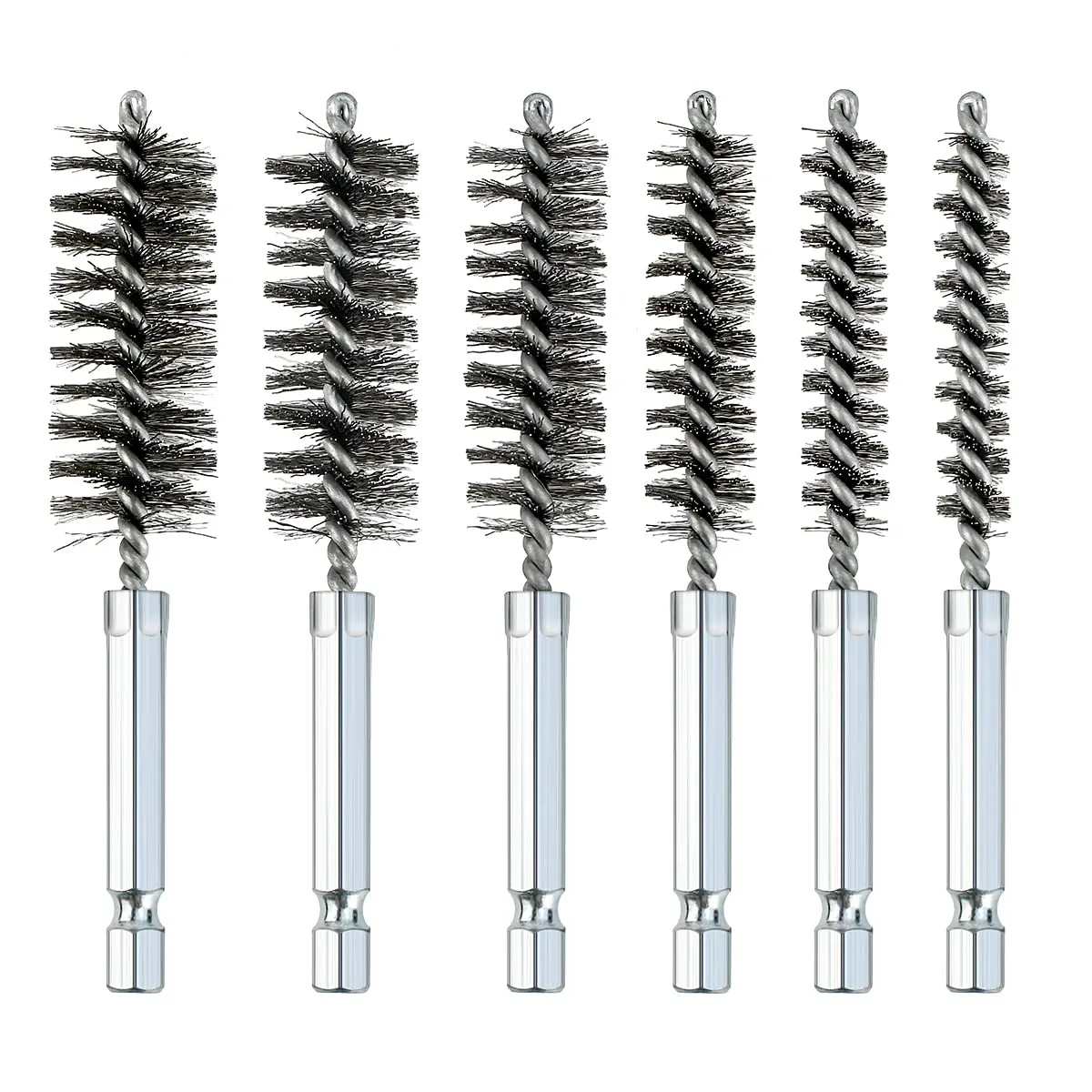 Stainless Steel Bore Brush with 1/4" Hex Shank Twisted Wire Bore Brushes with Different Sizes, 6 Counts Bristles Wire Brush Bore Cleaning Brush Set for Rust, Cleaning Tubes, Tool, Heavy Duty, Industrial, Mechanic Tools