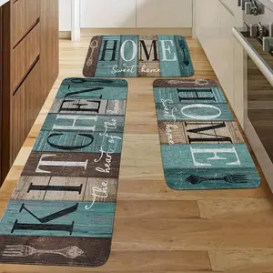 Floor Mat Set 3piece Farmhouse Floor Kitchen Mat, Green Brown Blue Green Kitchen Carpet, Non-SlipArea Runner Carpet, Vintage Modern Country Kitchen Decoration, Flannel Material, Non-Slip, Soft, Comfortable, EasytoClean.