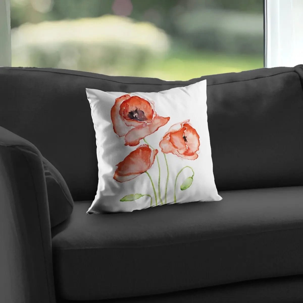 Begin Home Decor C1PT1414F8R2HQ Elegant 14x14 in. Red Flowers Watercolor Poppies Poly Twill Throw Pillow - Textiles & Soft Furnishings Accent